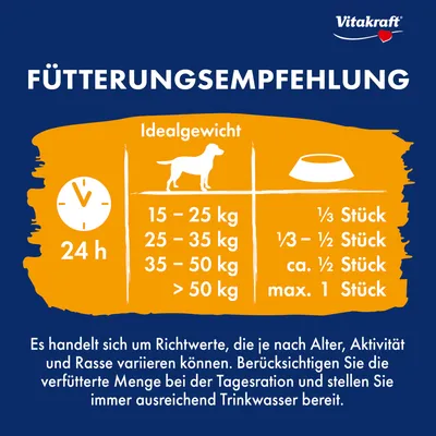 Fütterungsempfehlung für Hunde: Idealgewicht 15-25kg, 1/3 Stück; 25-35kg, 1/3-1/2 Stück; 35-50kg, ca. 1/2 Stück; >50kg, max. 1 Stück. Richtwerte variieren nach Alter, Aktivität und Rasse.