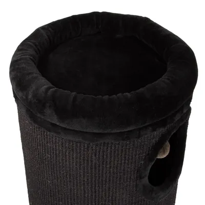 Cylindrical black scratching post with a plush top surface and an opening on the side, showing part of an internal compartment.