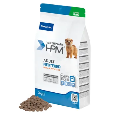 Virbac Veterinary HPM Adult Neutered Small & Toy ≤10 kg, sac de 3 kg, croquettes visibles, texte : Carnivore Nutrition protéines 34 %, matières grasses 14 %, glucides 25,5 %