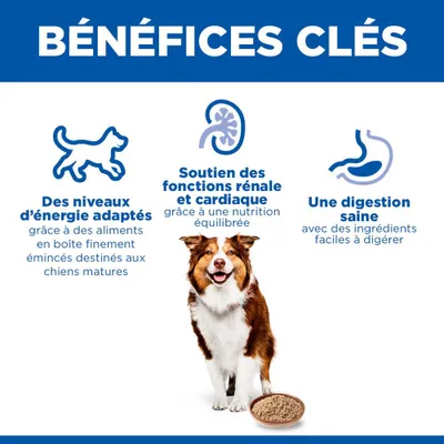 Principaux avantages : niveaux d'énergie adaptés, soutien des fonctions rénales et cardiaques, digestion saine. Texte en français avec un chien et une gamelle illustrés. Principaux avantages : niveaux d'énergie adaptés, soutien des fonctions rénales et cardiaques, digestion saine. Texte en français avec un chien et une gamelle illustrés.