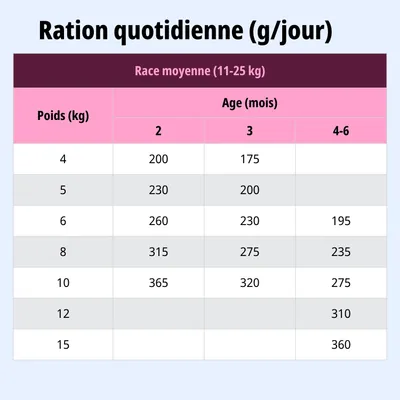 Tableau d'alimentation pour chiens de taille moyenne (11-25 kg) : ration journalière recommandée en grammes selon le poids et l'âge, par exemple, 4 kg à 2 mois : 200 g, 10 kg à 4-6 mois : 275 g.