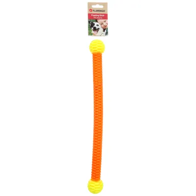 Flamingo Floating Stick TPU zabawka dla psa, pomarańczowa z żółtymi końcami.