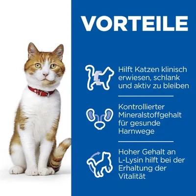 VORTEILE. Hilft Katzen klinisch erwiesen, schlank und aktiv zu bleiben. Kontrollierter Mineralstoffgehalt für gesunde Harnwege. Hoher Gehalt an L-Lysin hilft bei der Erhaltung der Vitalität.