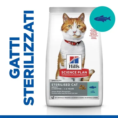 Hill's Science Plan Sterilised Cat Adult 6 months–1-6 years con tonno, per gatti sterilizzati. Testo visibile: GATTI STERILIZZATI. Immagine di un gatto sul sacco.