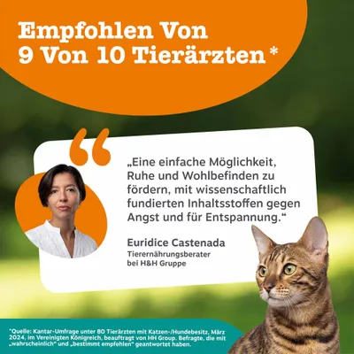 Empfohlen von 9 von 10 Tierärzten. Zitat: Förderung von Ruhe und Wohlbefinden mit wissenschaftlich fundierten Inhaltsstoffen gegen Angst und für Entspannung. Euridice Castenada, H&H Gruppe. Empfohlen von 9 von 10 Tierärzten. Zitat: Förderung von Ruhe und Wohlbefinden mit wissenschaftlich fundierten Inhaltsstoffen gegen Angst und für Entspannung. Euridice Castenada, H&H Gruppe.