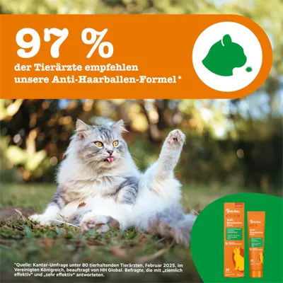 97 % der Tierärzte empfehlen unsere Anti-Haarballen-Formel. Produktverpackung unten rechts sichtbar. 97 % der Tierärzte empfehlen unsere Anti-Haarballen-Formel. Produktverpackung unten rechts sichtbar.