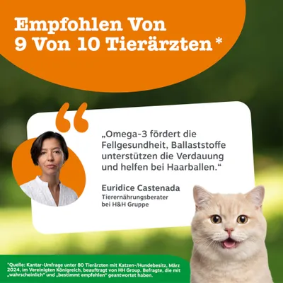 Empfohlen von 9 von 10 Tierärzten. Omega-3 fördert die Fellgesundheit, Ballaststoffe unterstützen die Verdauung und helfen bei Haarballen. Euridice Castenada, Tierernährungsberater. Empfohlen von 9 von 10 Tierärzten. Omega-3 fördert die Fellgesundheit, Ballaststoffe unterstützen die Verdauung und helfen bei Haarballen. Euridice Castenada, Tierernährungsberater.