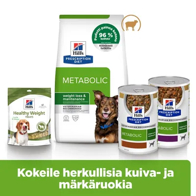 Hills Prescription Diet Metabolic kuivaruoka, märkäruokapurkit ja Healthy Weight -herkut. Merkintä: 96 % vähentynyt paino kotona, kliinisesti testattu. Hills Prescription Diet Metabolic kuivaruoka, märkäruokapurkit ja Healthy Weight -herkut. Merkintä: 96 % vähentynyt paino kotona, kliinisesti testattu.