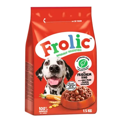 Frolic karma dla psów, 1,5 kg, ze świeżą wołowiną, bez dodatku sztucznych barwników i aromatów, 100% kompletna, z warzywami jak marchew i kukurydza.