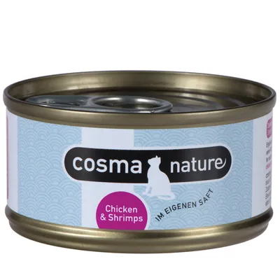 cosma nature dåse med teksten Chicken & Shrimps, IM EIGENEN SAFT. Rund metaldåse med blå og hvid etiket, lilla cirkel med smagstekst.