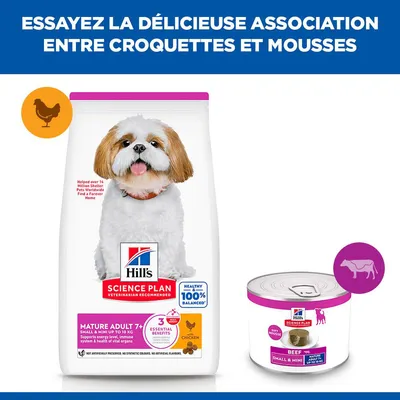 Hill's Science Plan Mature Adulte 7+ Small & Mini jusqu'à 10 kg avec poulet, à côté Hill's Science Plan Bœuf Small & Mini Mousse. Recommandation pour la combinaison de croquettes et de mousse. Hill's Science Plan Mature Adulte 7+ Small & Mini jusqu'à 10 kg avec poulet, à côté Hill's Science Plan Bœuf Small & Mini Mousse. Recommandation pour la combinaison de croquettes et de mousse.