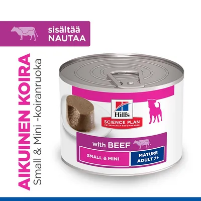 Hill's Science Plan Small & Mini Mature Adult 7+ naudalla. Sisältää naudanlihaa. Märkäruoka pienille aikuisille koirille, alkaen 7 vuoden iästä. Hill's Science Plan Small & Mini Mature Adult 7+ naudalla. Sisältää naudanlihaa. Märkäruoka pienille aikuisille koirille, alkaen 7 vuoden iästä.