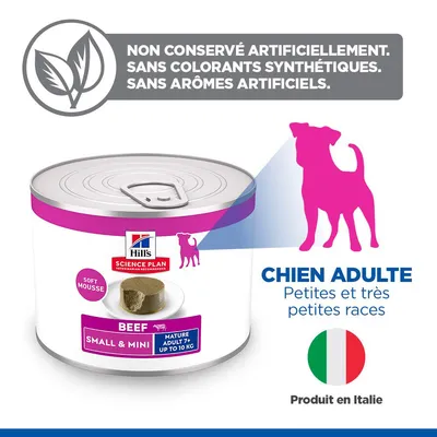 Hill's Science Plan Mousse tendre au bœuf pour chiens adultes de petites races, sans conservateurs, colorants ni arômes artificiels, fabriqué en Italie. Hill's Science Plan Mousse tendre au bœuf pour chiens adultes de petites races, sans conservateurs, colorants ni arômes artificiels, fabriqué en Italie.