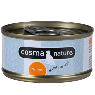Konzerva za mačke Cosma Nature, Salmon, natpis 'IM EIGENEN SAFT' na etiketi. Prikazana metalna ambalaža s otvaračem.