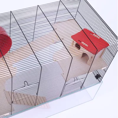 Small animal cage with metal grid, wooden platforms and red house. Suitable for keeping small rodents.