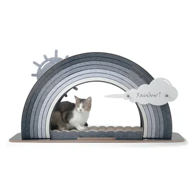 Katzenmöbel in Regenbogenform mit grauen und weißen Elementen, Wolke mit Schriftzug 'Rainbow!' und liegender Katze darunter.