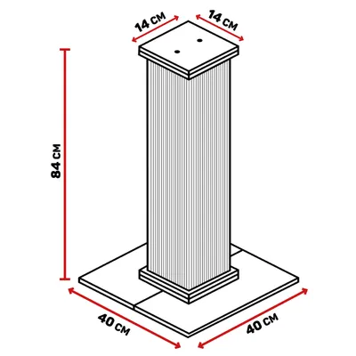 Diagramm mit Abmessungen: Höhe 84 cm, Basis 40 x 40 cm, obere Plattform 14 x 14 cm.