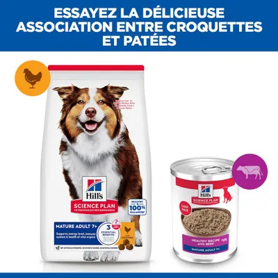 Hill's Science Plan Mature Adulte 7+ Croquettes au poulet et aliment humide Healthy Recipe au bœuf, indication sur la combinaison de croquettes et de pâté. Hill's Science Plan Mature Adulte 7+ Croquettes au poulet et aliment humide Healthy Recipe au bœuf, indication sur la combinaison de croquettes et de pâté.
