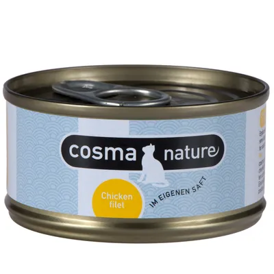 Konzerva Cosma Nature, Chicken filet, natpis 'IM EIGENEN SAFT' na etiketi. Metalna ambalaža s otvaračem na vrhu.