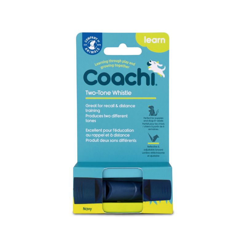 Coachi Two-Tone Whistle, ideal für Rückruf- und Distanztraining, erzeugt zwei verschiedene Töne. Reflektierende und verstellbare Lanyard enthalten. Perfekt für Welpen und Hunde ab 8 Wochen.