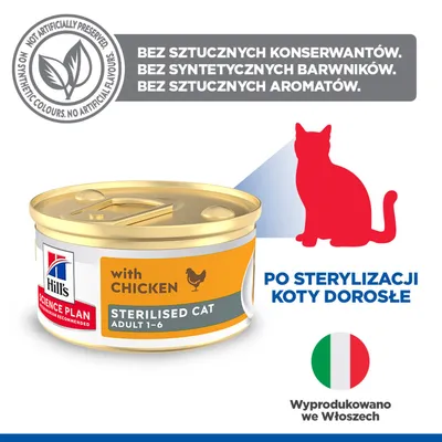Hill's Science Plan Sterilised Cat Adult 1-6 z kurczakiem. Bez sztucznych konserwantów, barwników i aromatów. Wyprodukowane we Włoszech.