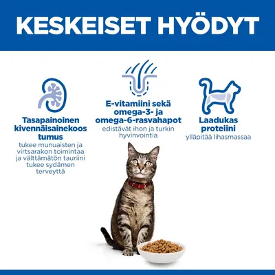 Tärkeimmät edut: Tasapainoinen kivennäisainepitoisuus tukee munuaisten ja sydämen terveyttä, E-vitamiini sekä omega-3- ja -6-rasvahapot edistävät ihon ja turkin hyvinvointia, laadukas proteiini ylläpitää lihasmassaa.