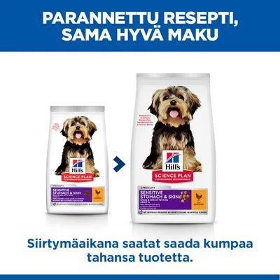 Hill's Science Plan Sensitive Stomach & Skin Adult Mini kanaa, uusi ja vanha pakkausdesign vierekkäin kuvattuna. Hill's Science Plan Sensitive Stomach & Skin Adult Mini kanaa, uusi ja vanha pakkausdesign vierekkäin kuvattuna.