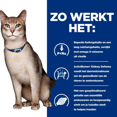 Infografiek met kat en Nederlandse tekst over productvoordelen: beperkt fosfor- en natriumgehalte, omega-3-vetzuren, ondersteuning van het darmmicrobioom, essentiële aminozuren.