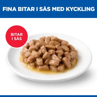 Teller med köttbitar i sås, Text: Fina bitar i sås med kyckling, Bitar i sås. Teller med köttbitar i sås, Text: Fina bitar i sås med kyckling, Bitar i sås.