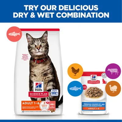Hill's Science Plan Adult 1-6 dry food with salmon and wet food with ocean fish for cats. Symbols for fish, chicken, beef and turkey depicted. Hill's Science Plan Adult 1-6 dry food with salmon and wet food with ocean fish for cats. Symbols for fish, chicken, beef and turkey depicted.