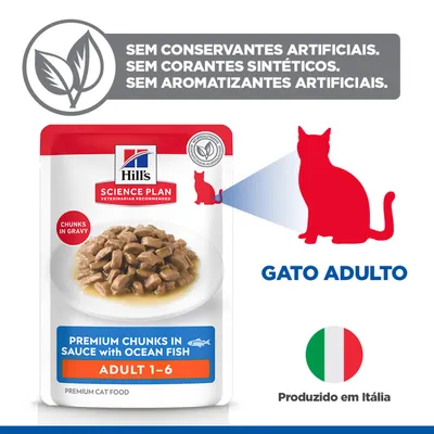 Hill's Science Plan Premium Pedaços em Molho com Peixe do Oceano Adulto 1-6, sem conservantes, corantes ou aromatizantes artificiais. Para gatos adultos. Fabricado em Itália.