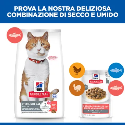 Hills Science Plan Sterilised Cat Adult 1-6 crocchette e alimento umido con salmone, pollo e tacchino. Combinazione di crocchette e alimento umido per gatti. Hills Science Plan Sterilised Cat Adult 1-6 crocchette e alimento umido con salmone, pollo e tacchino. Combinazione di crocchette e alimento umido per gatti.