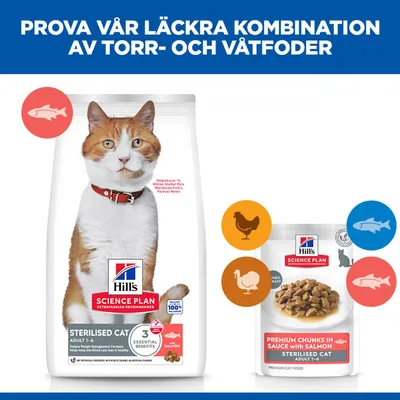 Hill's Science Plan Sterilised Cat Adult 1-6 torrfoder och våtfoder med lax, kyckling och kalkon. Kombination av två foderalternativ för katter.