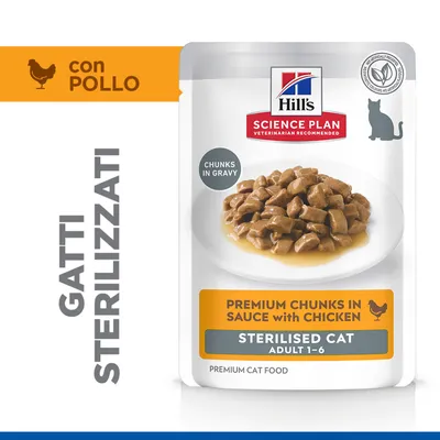 Hill's Science Plan Premium Bocconcini in Salsa con Pollo, Gatto Adulto Sterilizzato 1-6, Bocconcini in Salsa, con Pollo, Gatti Sterilizzati, Alimento Premium per Gatti. Hill's Science Plan Premium Bocconcini in Salsa con Pollo, Gatto Adulto Sterilizzato 1-6, Bocconcini in Salsa, con Pollo, Gatti Sterilizzati, Alimento Premium per Gatti.