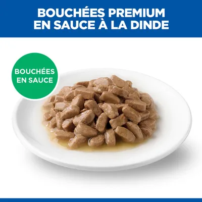 Bouchées Premium en sauce à la dinde, servies sur une assiette blanche. Texte : Bouchées en sauce. Bouchées Premium en sauce à la dinde, servies sur une assiette blanche. Texte : Bouchées en sauce.