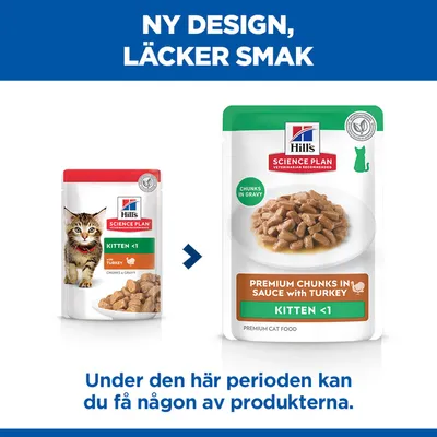 Hill's Science Plan Kattmat Kitten <1 med kalkon, gammal och ny förpackningsdesign. Under övergångsperioden kan någon av de två förpackningarna levereras.