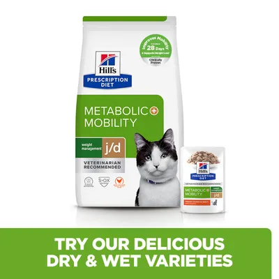 Hill's Prescription Diet Metabolic + Mobility j/d for cats, dry and wet food, recommended by veterinarians, improves mobility in 28 days. Try both varieties. Hill's Prescription Diet Metabolic + Mobility j/d for cats, dry and wet food, recommended by veterinarians, improves mobility in 28 days. Try both varieties.