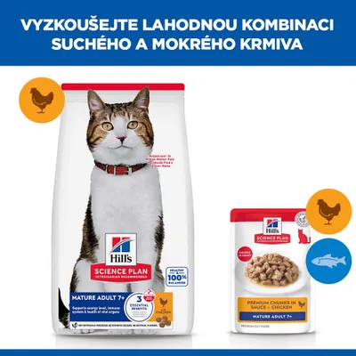 Hill's Science Plan Mature Adult 7+ granule a vlhké krmivo s kuřetem pro kočky, kombinace granulí a prémiových kousků v omáčce. Pro dospělé kočky od 7 let. Hill's Science Plan Mature Adult 7+ granule a vlhké krmivo s kuřetem pro kočky, kombinace granulí a prémiových kousků v omáčce. Pro dospělé kočky od 7 let.