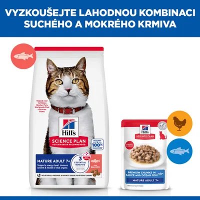 Hill's Science Plan Mature Adult 7+ granule s lososom a mokré krmivo s oceánskou rybou, pre staršie mačky. Text: 3 základné výhody, 100% vyvážené. Hill's Science Plan Mature Adult 7+ granule s lososom a mokré krmivo s oceánskou rybou, pre staršie mačky. Text: 3 základné výhody, 100% vyvážené.