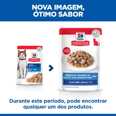 Hill's Science Plan Mature Adult 7+ comida para gatos com peixe do oceano, nova embalagem e imagem do produto, aviso sobre design alterado. Hill's Science Plan Mature Adult 7+ comida para gatos com peixe do oceano, nova embalagem e imagem do produto, aviso sobre design alterado.