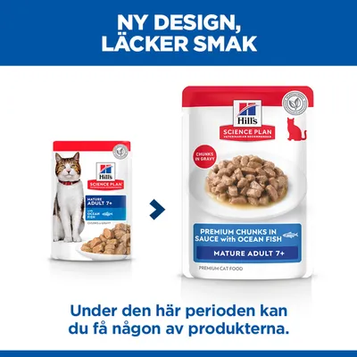 Hill's Science Plan Mature Adult 7+ kattmat med havsfisk, ny design och smak. Under denna period kan båda förpackningarna levereras. Hill's Science Plan Mature Adult 7+ kattmat med havsfisk, ny design och smak. Under denna period kan båda förpackningarna levereras.