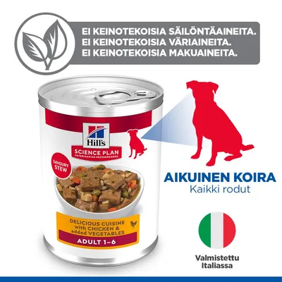 Hill's Science Plan Adult 1-6 Savoury Stew kanalla ja vihanneksilla, ei keinotekoisia säilöntä-, väri- tai aromiaineita, aikuisille koirille, valmistettu Italiassa. Hill's Science Plan Adult 1-6 Savoury Stew kanalla ja vihanneksilla, ei keinotekoisia säilöntä-, väri- tai aromiaineita, aikuisille koirille, valmistettu Italiassa.