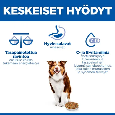 Tärkeät edut: Tasapainoinen ravinto aikuisille koirille energiatasojen tukemiseen, hyvin sulavat ainesosat, C- ja E-vitamiinit immuunijärjestelmälle, munuaisten ja sydämen terveydelle. Tärkeät edut: Tasapainoinen ravinto aikuisille koirille energiatasojen tukemiseen, hyvin sulavat ainesosat, C- ja E-vitamiinit immuunijärjestelmälle, munuaisten ja sydämen terveydelle.