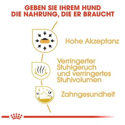Geben Sie Ihrem Hund die Nahrung, die er braucht: Hohe Akzeptanz, verringerter Stuhlgeruch und Stuhlvolumen, Zahngesundheit.