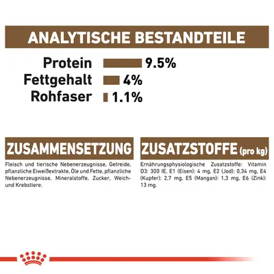Анализ состава: белок 9,5 %, жир 4 %, клетчатка 1,1 %. Состав: мясо и побочные продукты, злаки, масла, минералы. Добавки: витамин D3, железо, йод, медь, марганец, цинк.