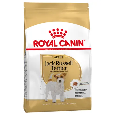Sac de croquettes Royal Canin Adult Jack Russell Terrier, texte visible : Over 10 months old – À partir de 10 mois, Muscle & Vitality Complex, Healthy skin & coat, Dental health.