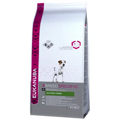 Bag labelled breed specific Jack Russell Terrier, 2kg, with icons for tartar reduction and feeding duration of approximately 18 days. Key features and usage instructions visible.