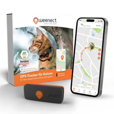 Weenect GPS-spårare för katter, Weenect XS Black Edition, livstidsgaranti, smartphone-styrning, förpackning med katt och mobilapp med kartvy.