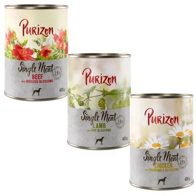 Purizon Single Meat Nötkött med hibiskusblommor, Lamm med humleblommor, Kyckling med kamomillblommor, 400 g burkar. Purizon Single Meat Nötkött med hibiskusblommor, Lamm med humleblommor, Kyckling med kamomillblommor, 400 g burkar.
