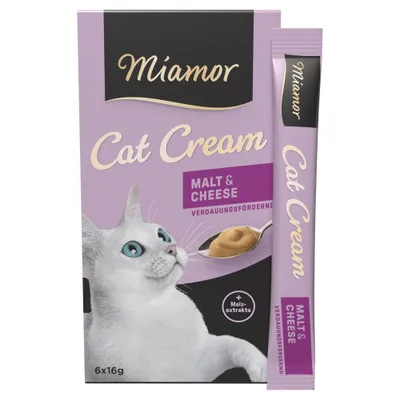 Miamor Cat Cream Malt & Cheese, verdauungsfördernd, mit Malzextrakten, 6x16g. Abbildung zeigt Verpackung und Einzelstick. Miamor Cat Cream Malt & Cheese, verdauungsfördernd, mit Malzextrakten, 6x16g. Abbildung zeigt Verpackung und Einzelstick.
